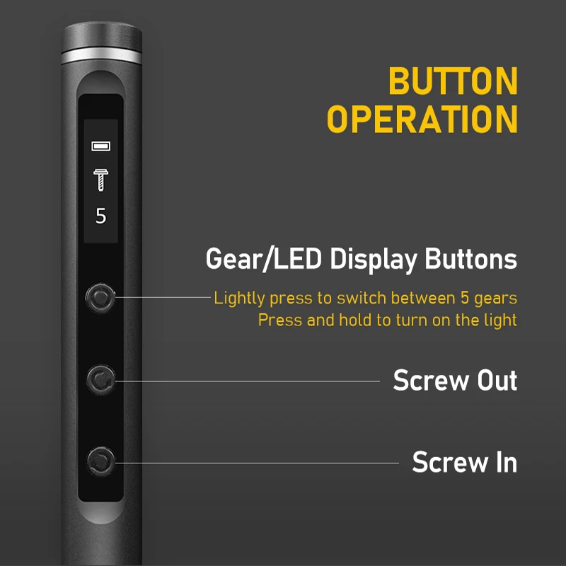 Botones del destornillador eléctrico Galacok con control de giro, velocidades y luz LED