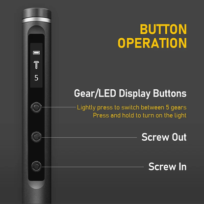 Botones del destornillador eléctrico Galacok con control de giro, velocidades y luz LED